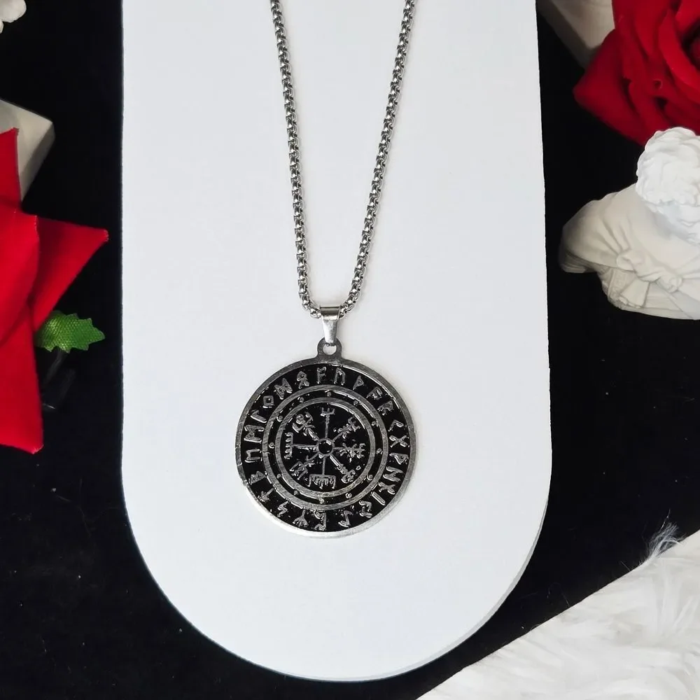Vegvisir Viking Compass Necklace Norse Rune Amulet Pendant 24” Silver Box Chain